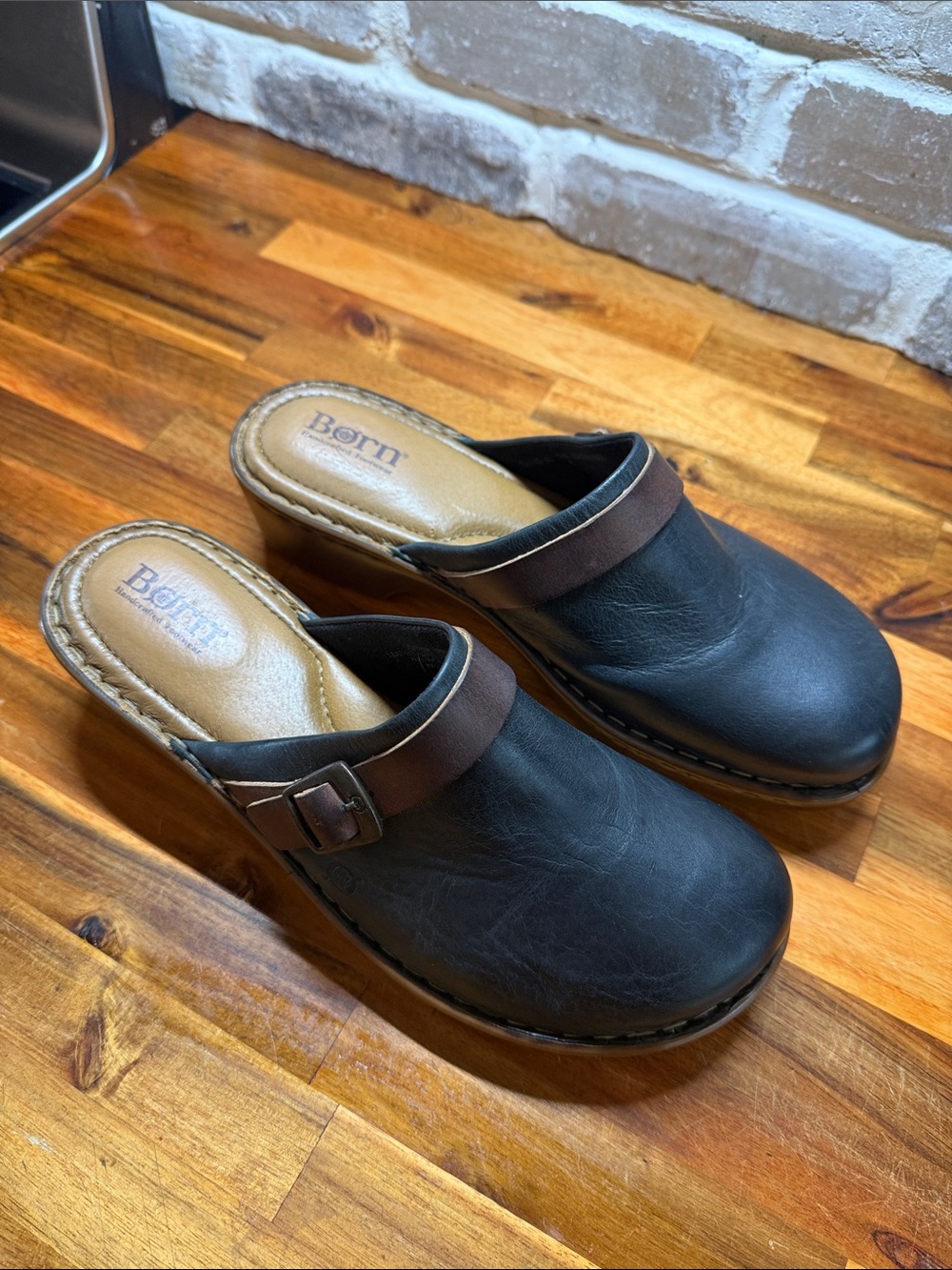 Born Black Leather Clog with Brown Accent Strap